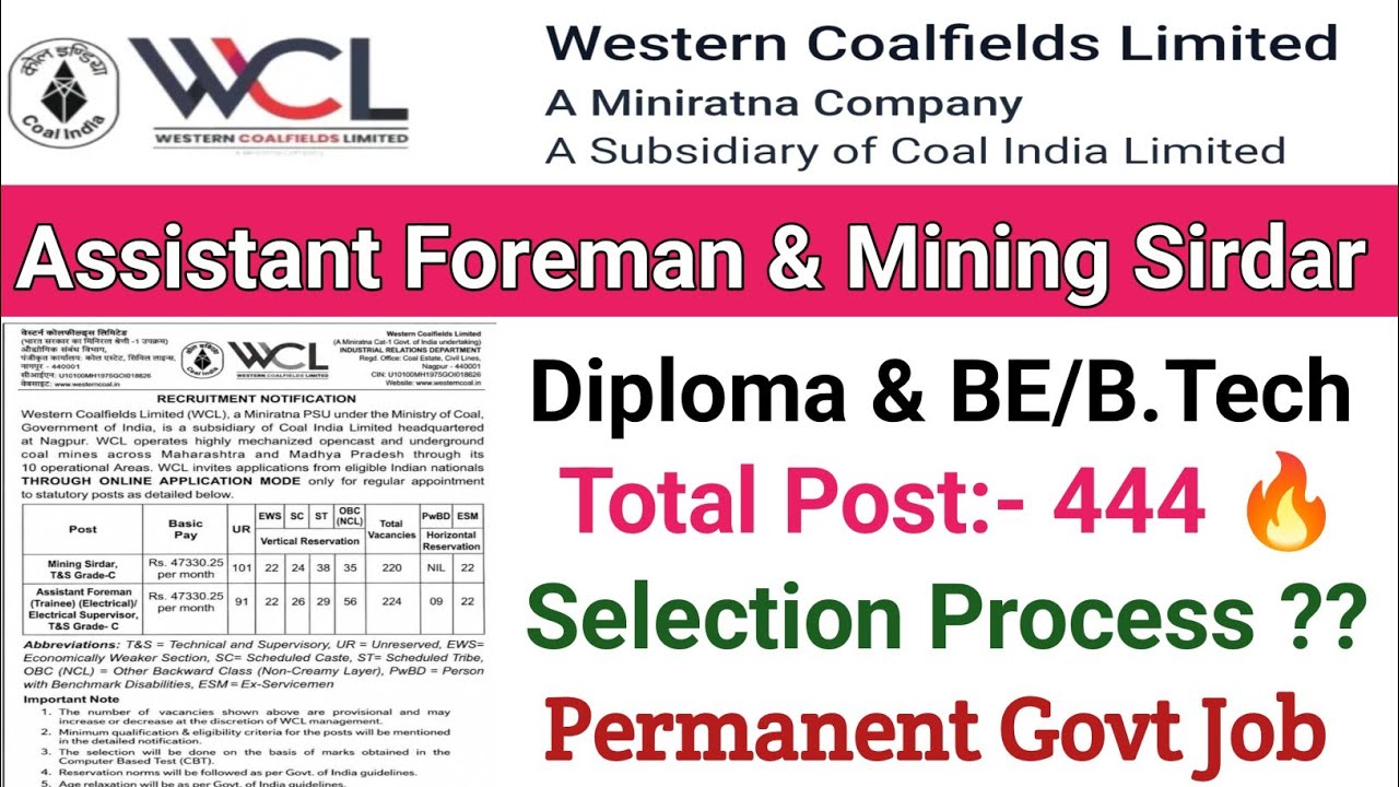 WCL Recruitment 2026 || Assistant Foreman & Mining Sirdar Vacancy 2026 || Diploma & BE/B.Tech || ...