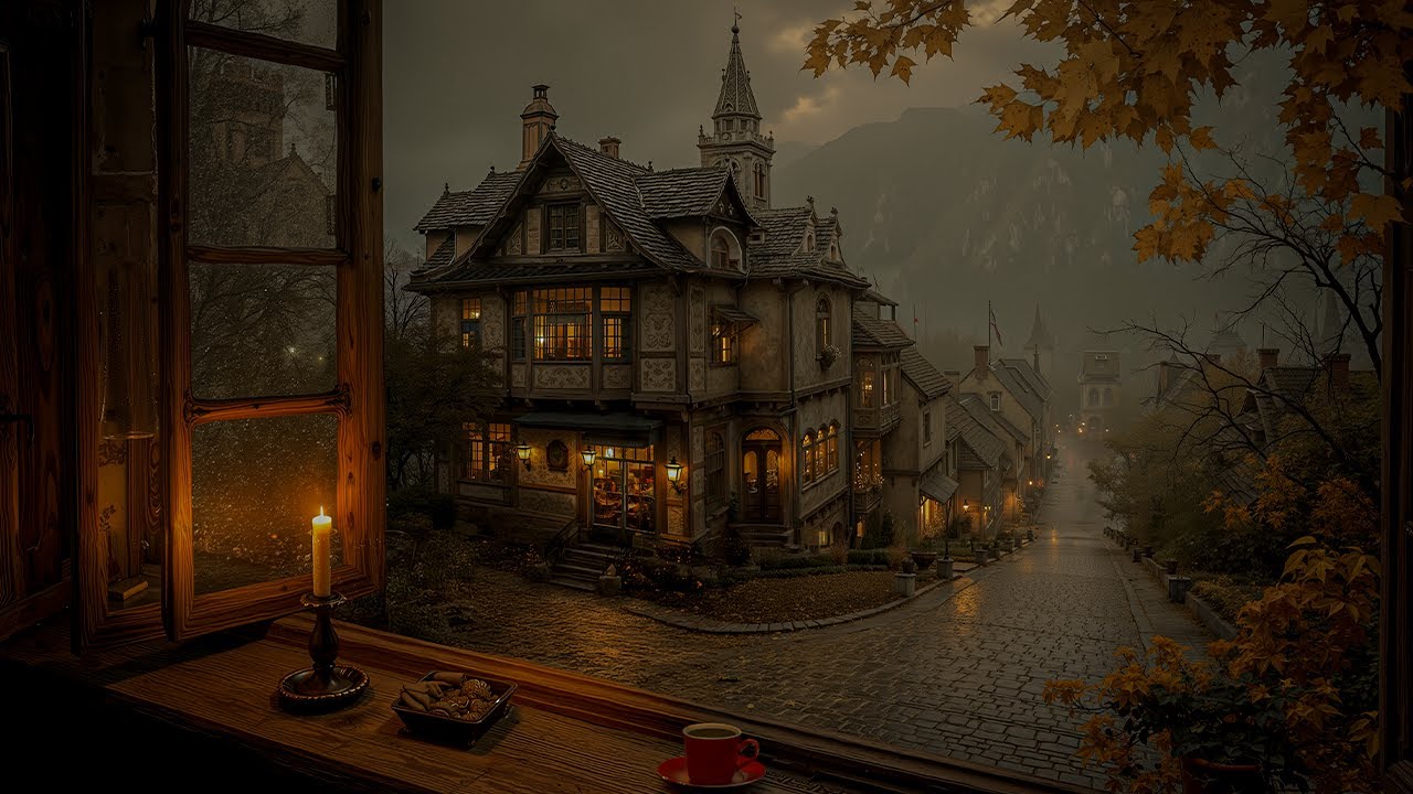 Studying by Candlelight Watching Rainfall Over a Quiet Town | Dark Academia Ambience & Autumn Piano