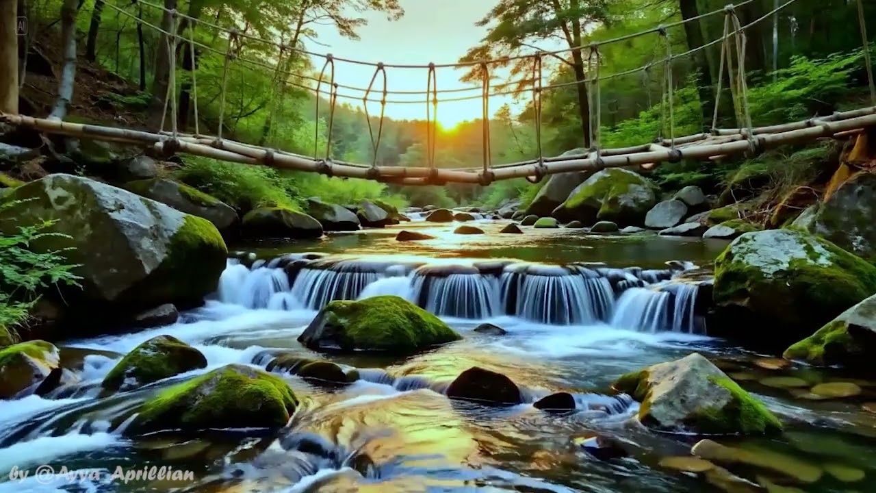 Relaxing Bamboo Bridge River 🌇💧 Peaceful Waterfall for Meditation & Sleep