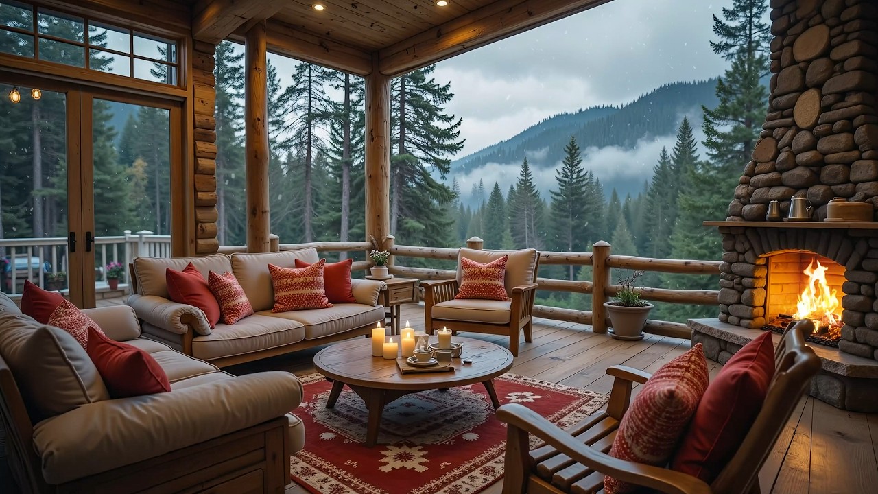 Snowfall at Cozy Winter Cabin Ambience ❄️ Slow Piano Music & Fireplace Sounds for Relaxation