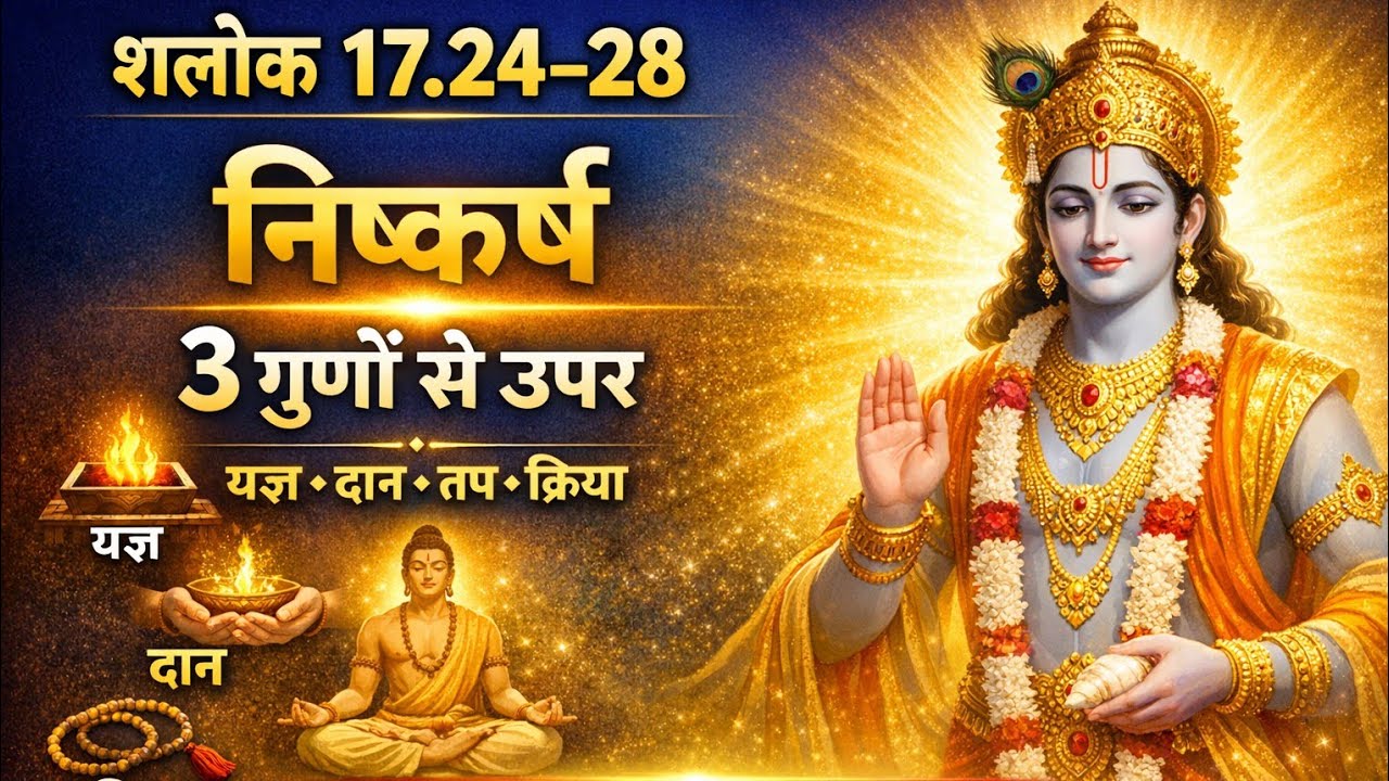श्लोक 17.24-28 । निष्कर्ष - 3 गुणों से ऊपर यज्ञ, दान, तप और क्रिया । भगवद् गीता अध्याय 17 भाग 5 ।