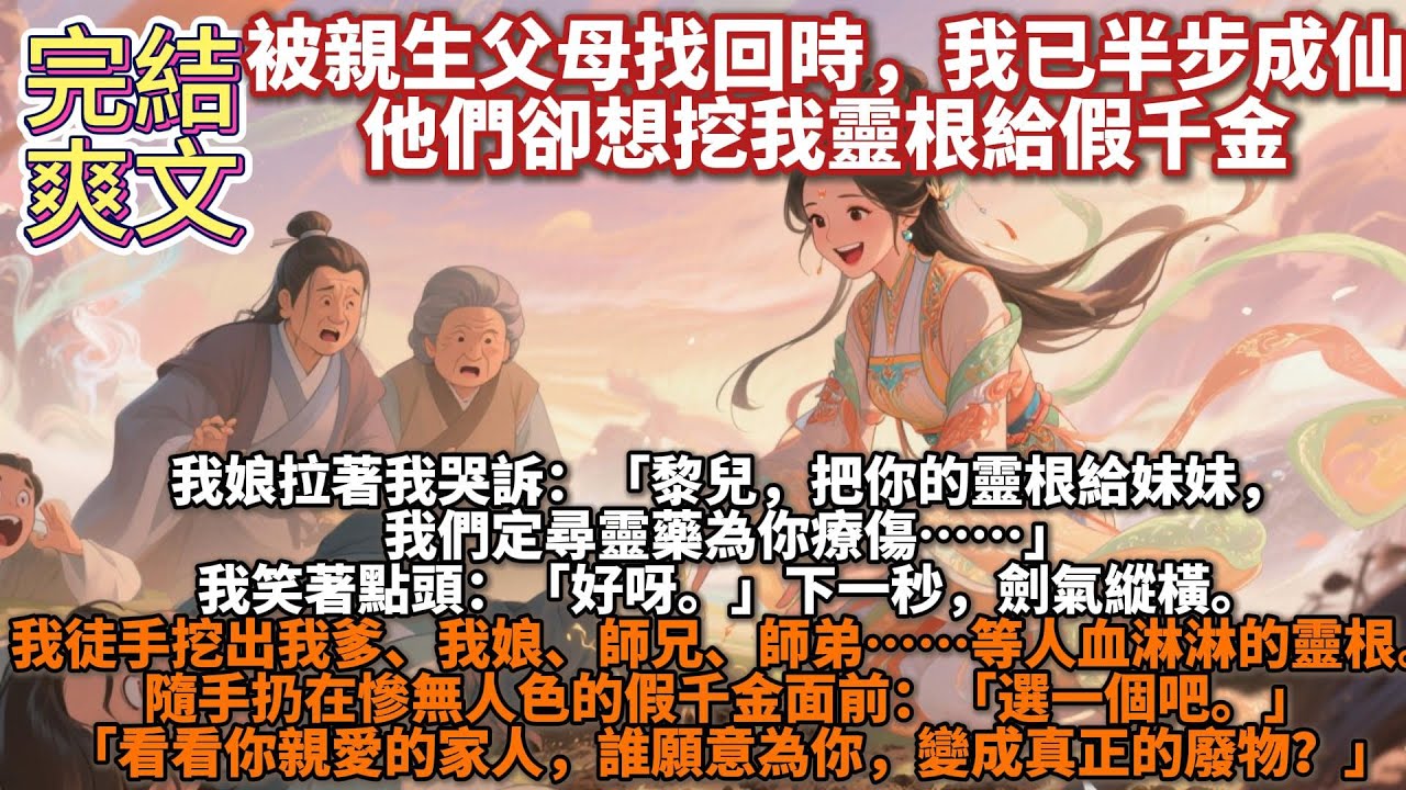 完結爽文：被親生父母找回時，我已半步成仙，他們卻想挖我靈根給假千金。我娘拉著我哭訴：黎兒，把你的靈根給妹妹，我們定尋靈藥為你療傷……我笑著點頭。下一秒，我徒手挖出我爹、我娘、師兄、師弟……等人的靈根。