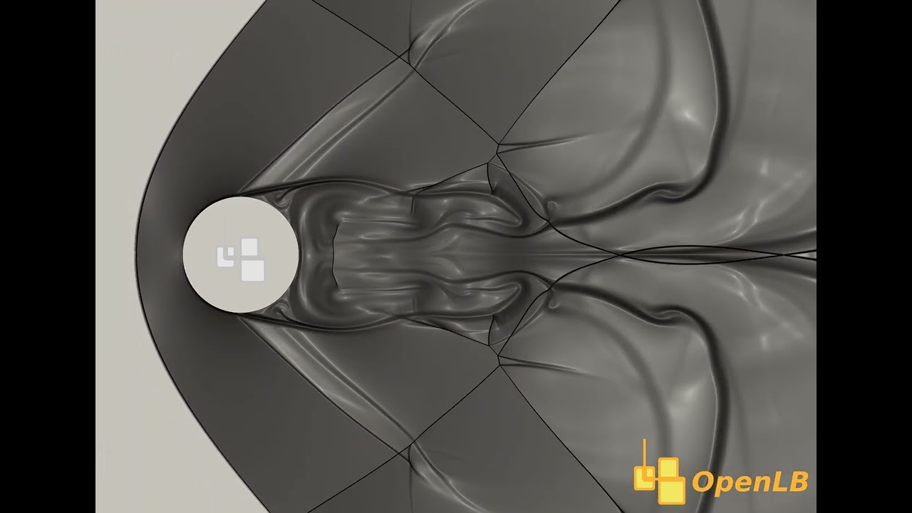OpenLB Preview: Lattice Boltzmann Simulation of Supersonic Mach 3 Flow Around a Cylinder