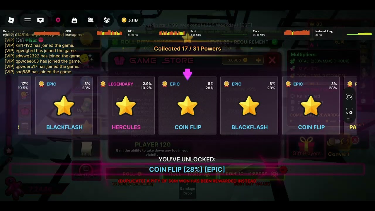 what does 75 power rolls and 250% luck boost get you