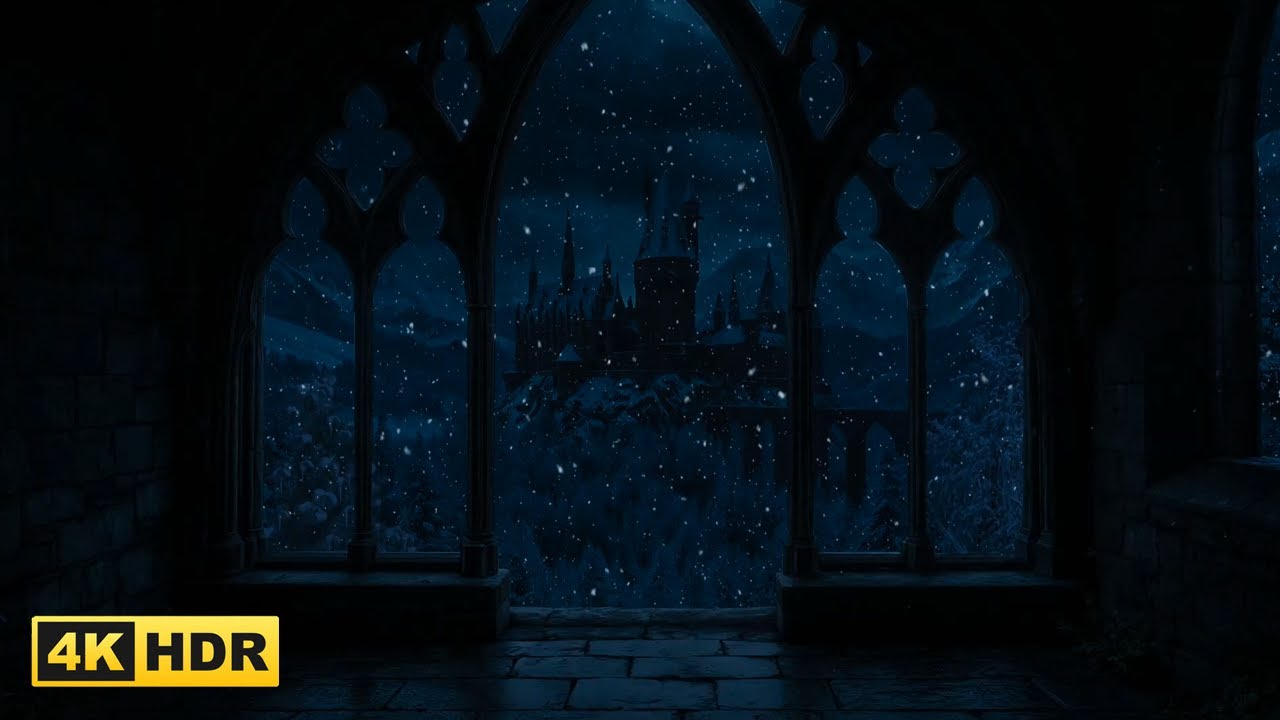 4K Hogwarts Castle Window View –Inspired Winter Night Ambience– Melatonin Release, Stop Overthinking