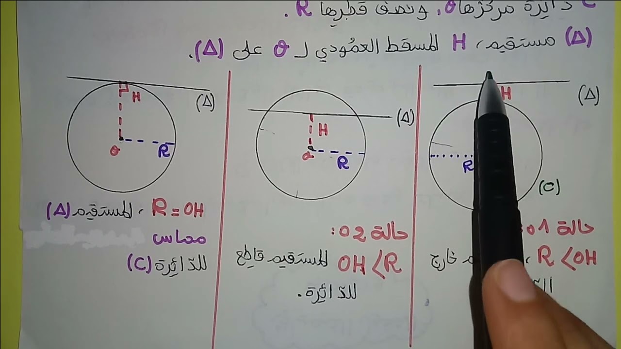 الاوضاع النسبية لدائرة ومستقيم رياضيات ثالثة متوسط