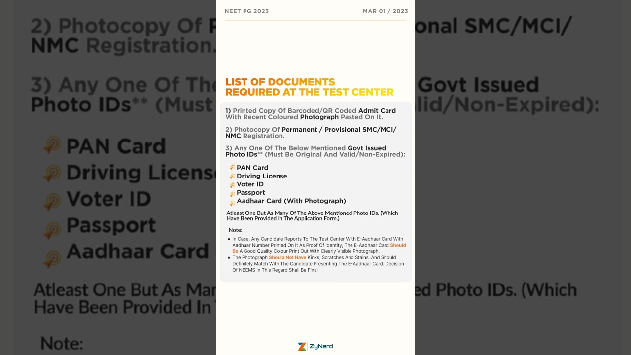 LIST OF DOCUMENTS REQUIRED AT THE TEST CENTER | NEET PG 2023 #neet2023withzynerd