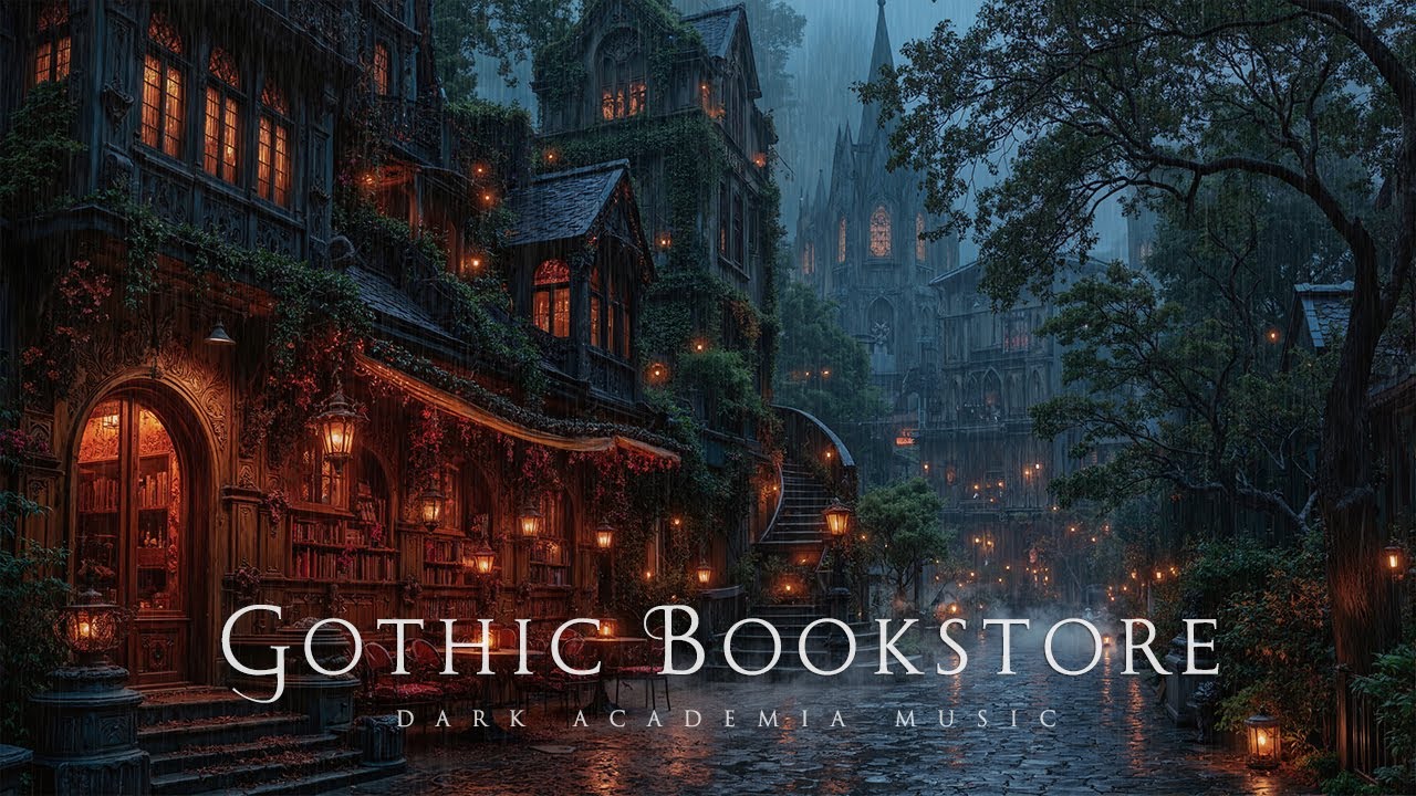 Eerie Bookstore Ambience in Gothic Town | Dark Academia Piano Music & Melancholic Rain for Reading