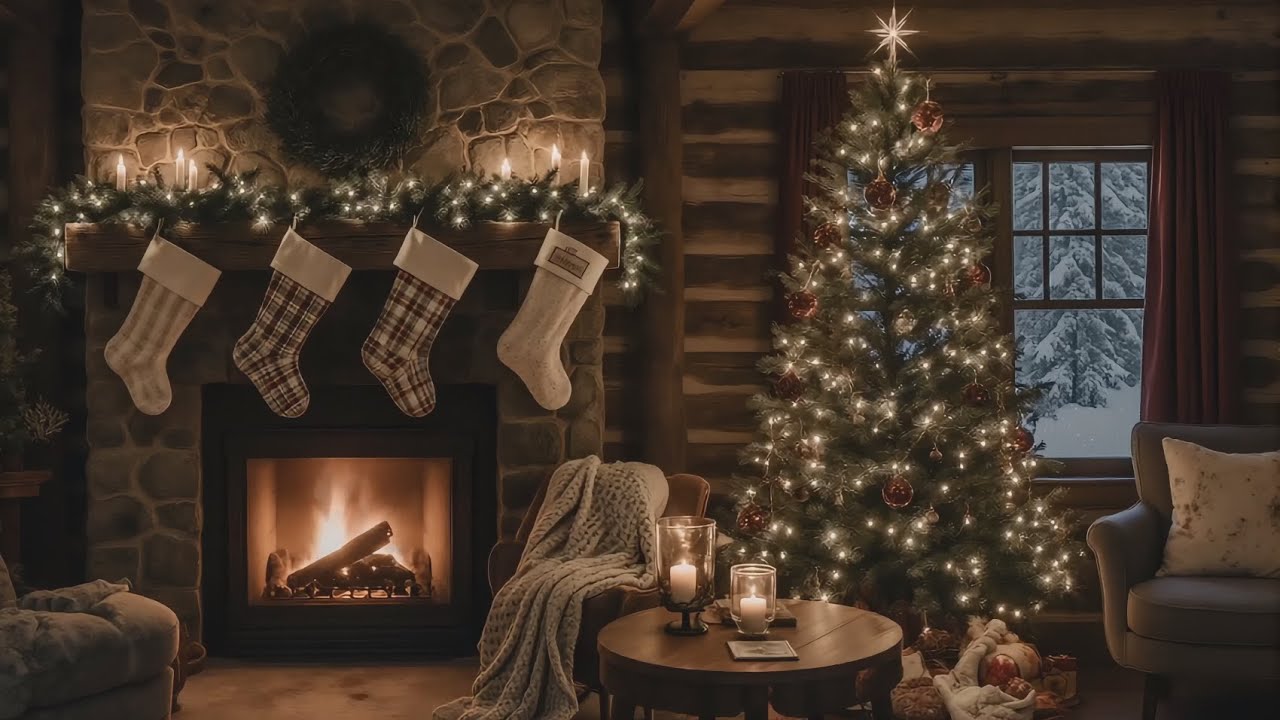 Rustic Cabin Christmas Morning Ambience  Cozy Fireplace & Gentle Snowfall for Relaxation