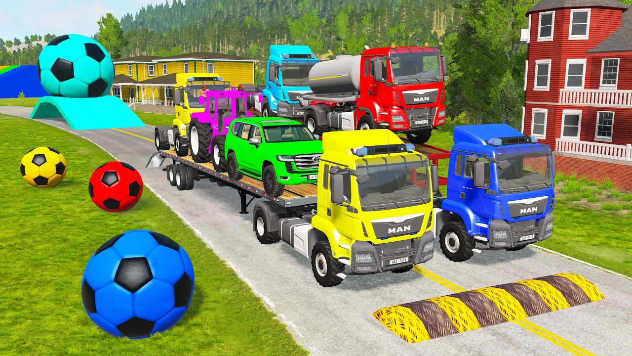 Flatbed Trailer McQueen Transportation with Truck - Speedbumps vs Cars vs Train - BeamNG.Drive #12