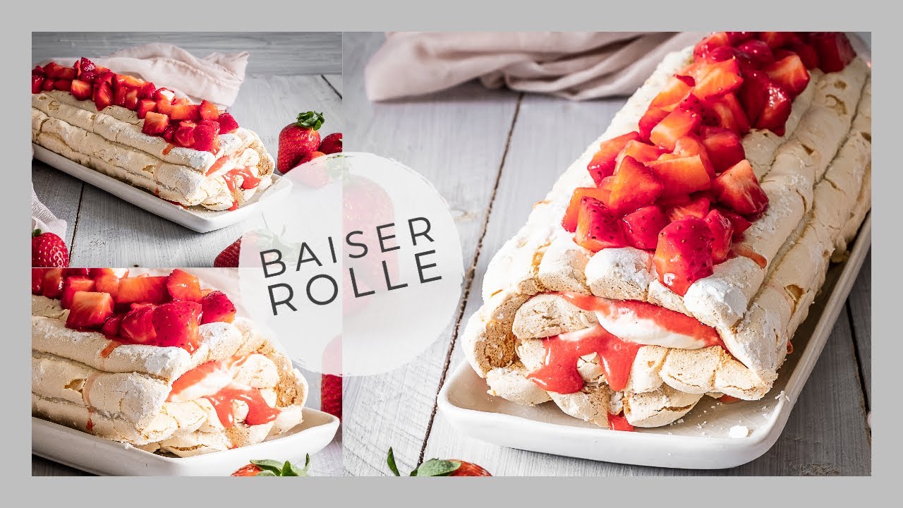 Baiser Rolle mit Erdbeeren - Baiser Roulade - Meringe Rolle