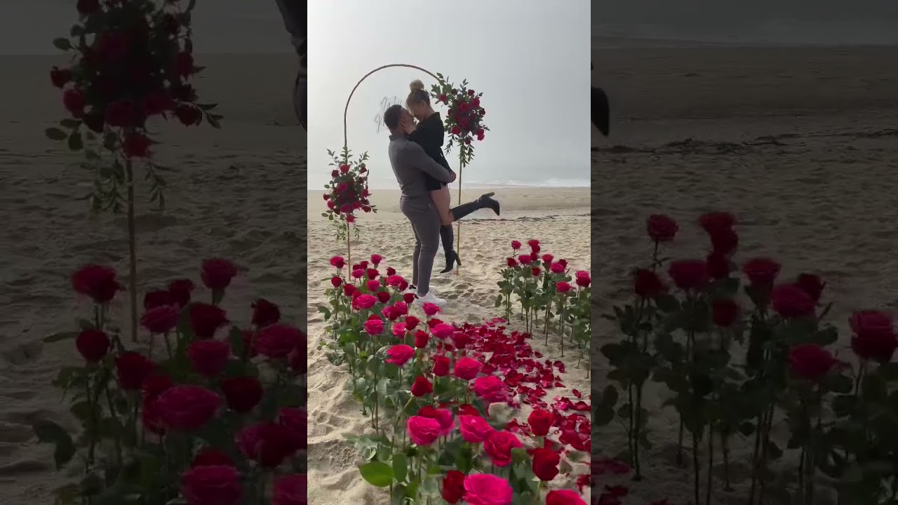 Beach Proposal with pink + red roses! 💍                             Proposal idea!
