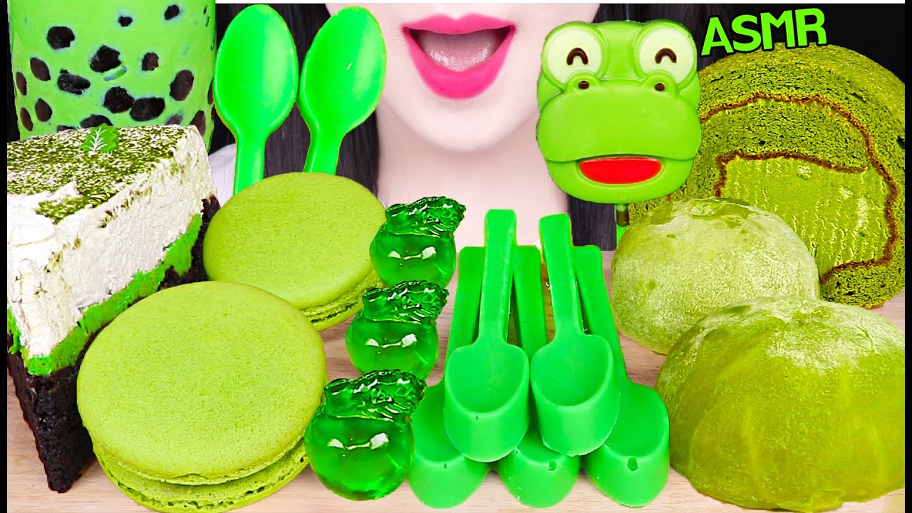 ASMR GREEN FOODS *EDIBLE SPOON, BUBBLE TEA, APPLE GUMMY 녹차 먹는 숟가락, 사과 젤리, 크롱 초콜릿 먹방 JANE ASMR 제인
