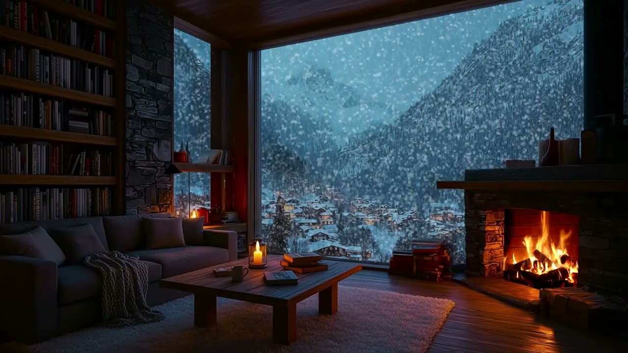 Peaceful Snowy Mountain Cabin with Warm Fireplace Crackling for Deep Sleep & Study