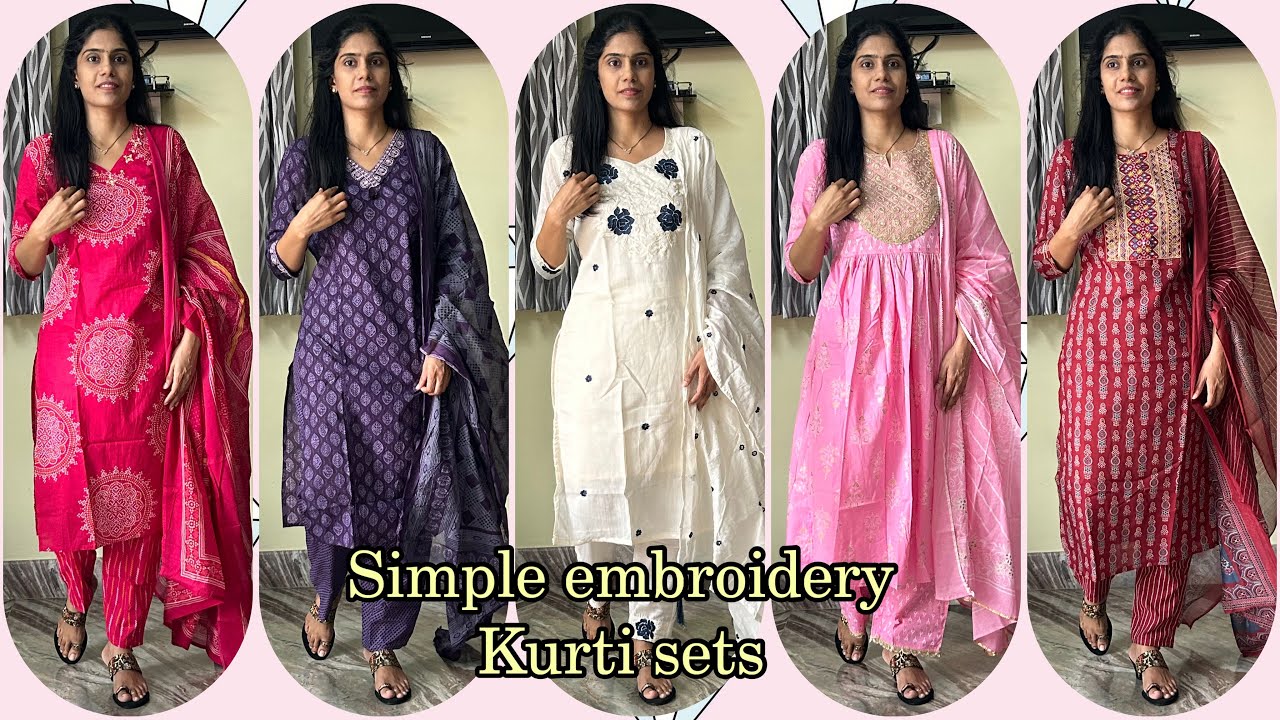 Simple embroidered Kurti sets with dupatta for women from Amazon|3 piece kurti sets|Ramya.