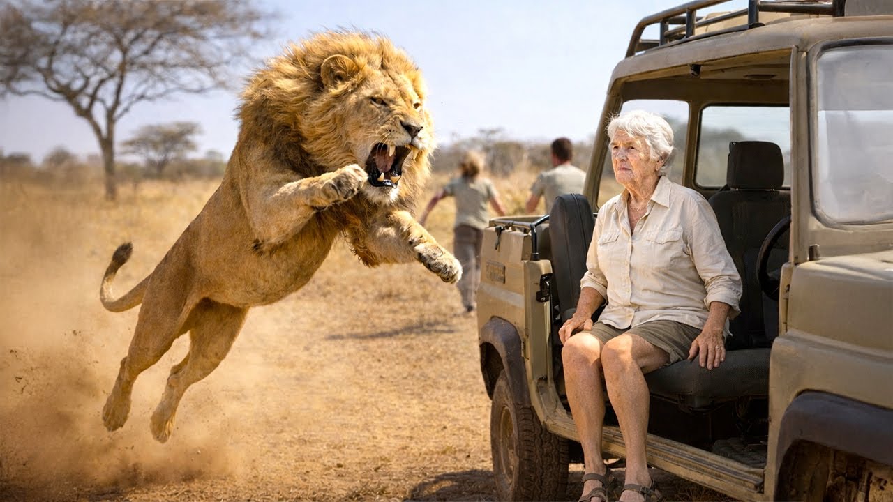 Un leone salta sulla jeep. Tutti scappano tranne una nonna di 70 anni. Poi succede l’impossibile