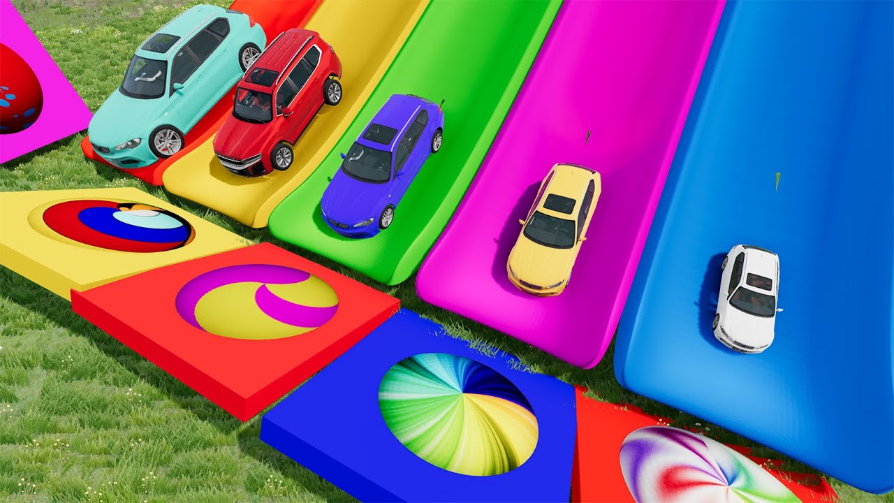 Small & Big Cars Vs Teleport Portal Trap With Slide Colors, Flatbed Truck Rescue Cars - BeamNG.Drive