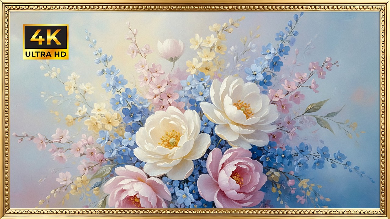 Soft Pastel Peonies & Cherry Blossoms | Gold Framed 4K Art Screensaver | Floral TV Wallpaper