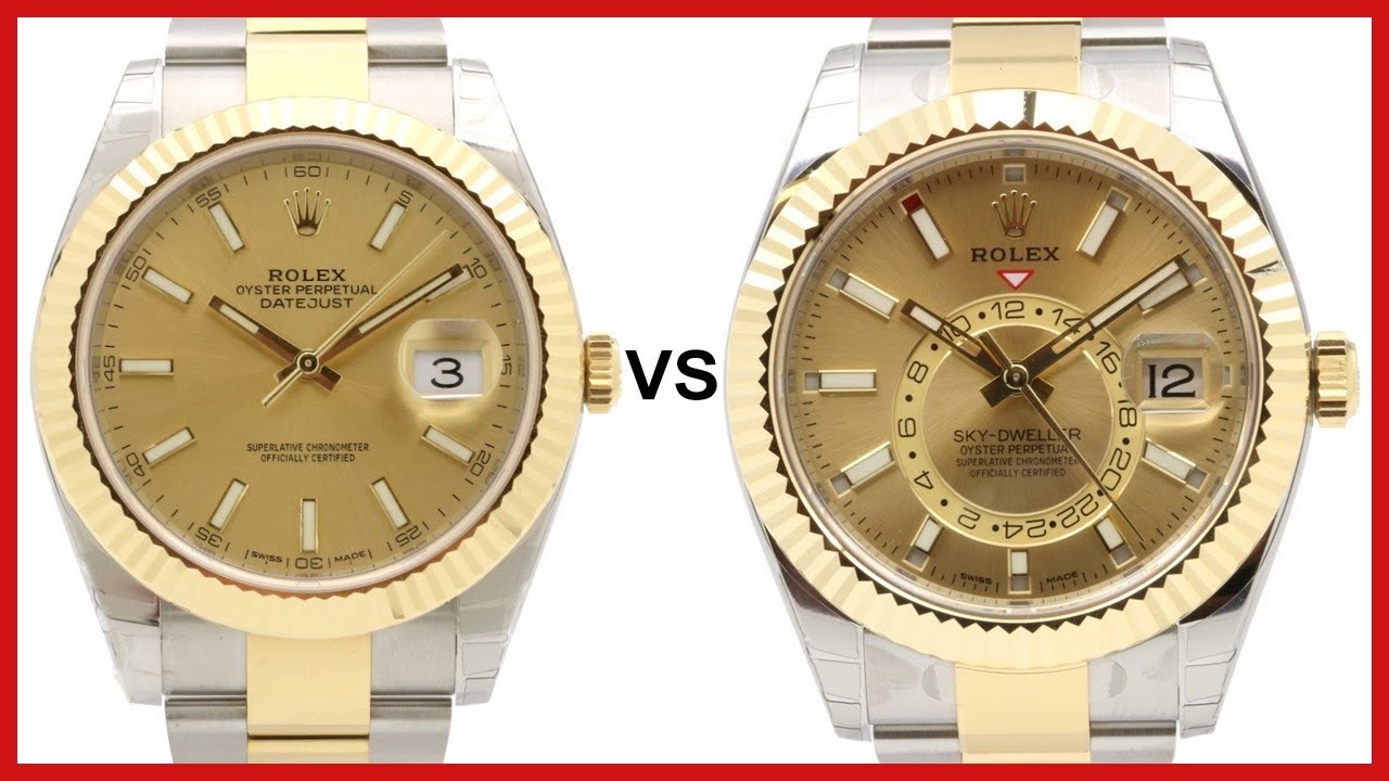 Rolex Datejust 41 против Sky-Dweller: обе модели из жёлтого золота/стали, рифлёный безель, циферб...