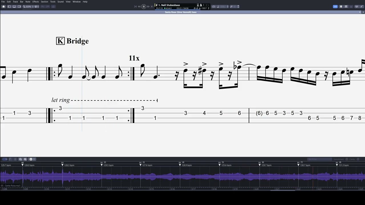 Santa Rosa (Gino Vannelli) sync'd bass transcription with on-screen notation/tab