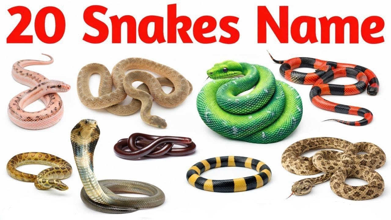 Snake Names for Kids | Learn 20 Types of Snakes in English | Preschool & Toddler Learning Video 