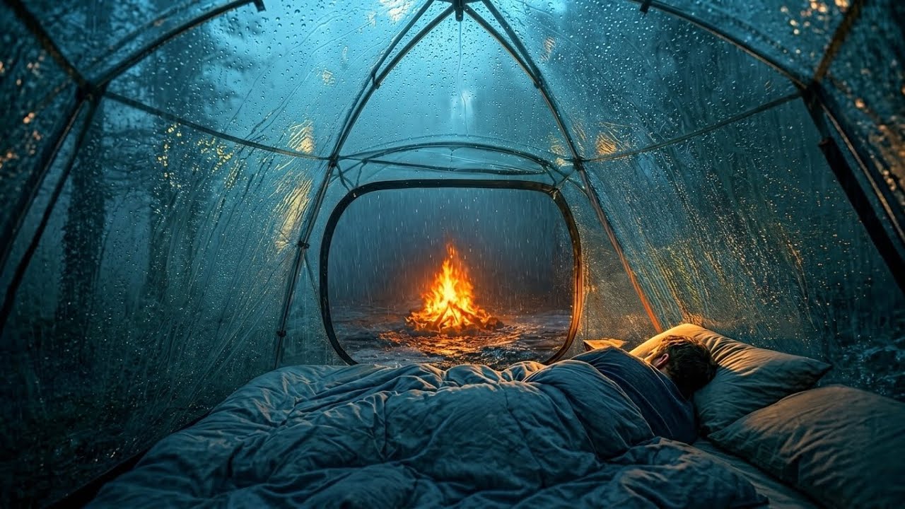 The Most Relaxing Night You'll Ever Experience: Heavy Rain on a Transparent Tent & Cozy Fire