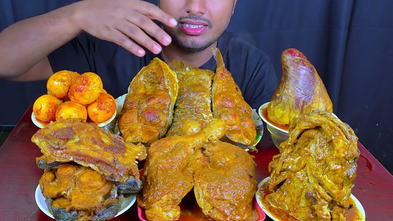 Eating Videos Spicy Fish Curry, Chicken Leg Piece Curry, Fish Head Curry with Rice Eating Show