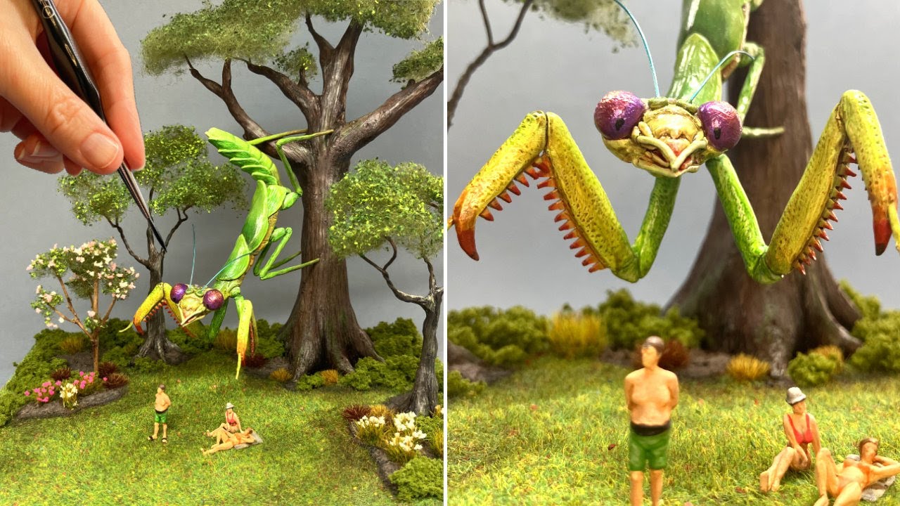 MONSTER PRAYING MANTIS Hunts Sunbathers! Diorama, Polymer Clay