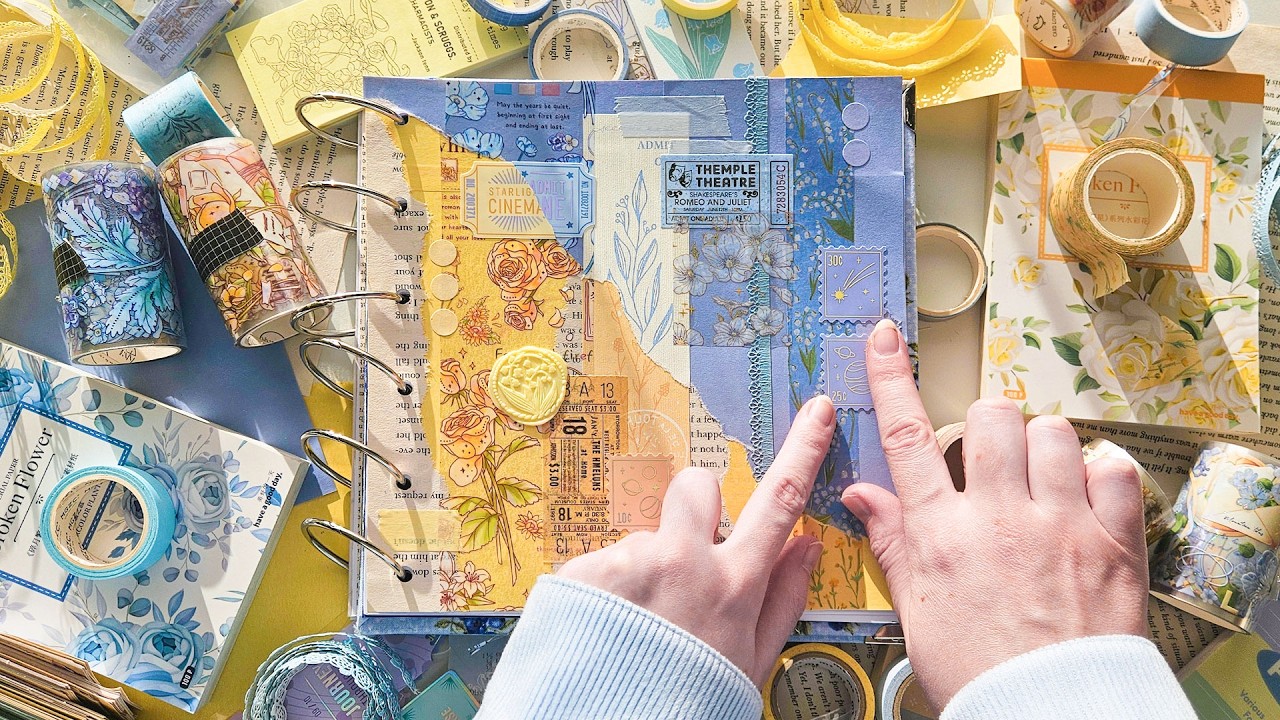 ASMR Scrapbook With Me | Blue & Yellow Theme | Relaxing Stationery Sounds | No Talking