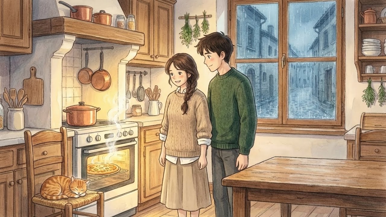 Cozy Rainy Evening in a Ghibli-Style Kitchen  Cooking Pizza with Soft ASMR Sounds