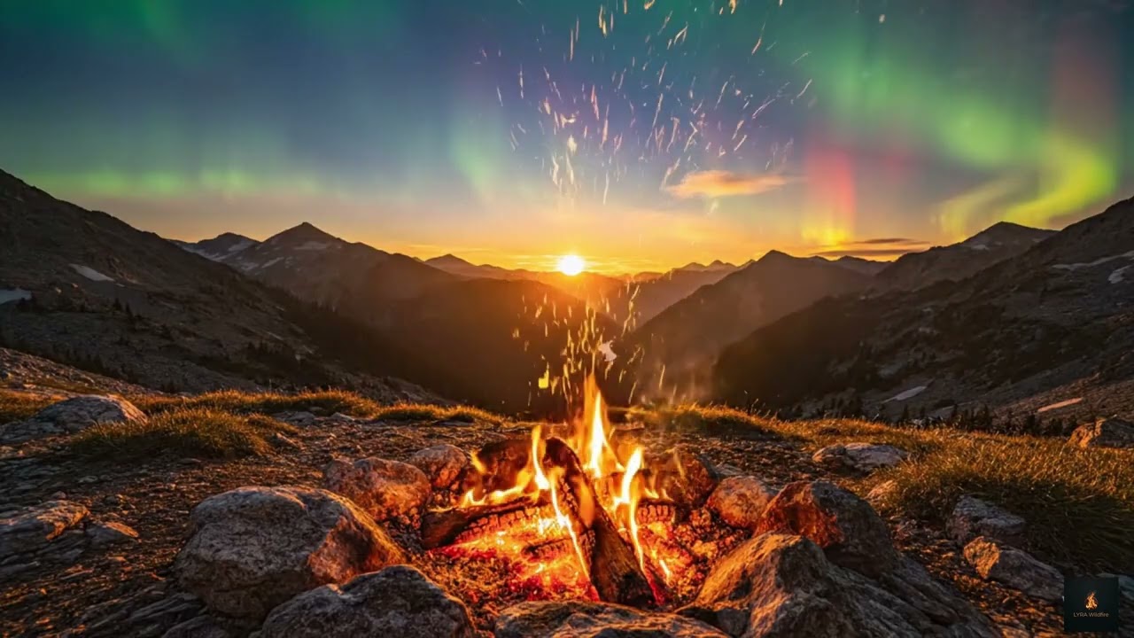 4K Campfire with Northern Lights in Mountains