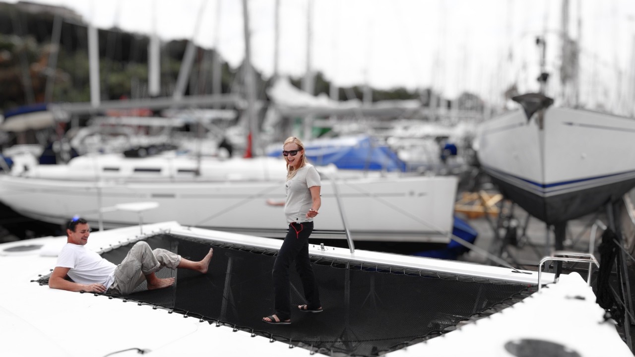 New TRAMPOLINE time, phew! | Refitting our (new to us) catamaran | Boatyard - Part 4 | Ep. 80