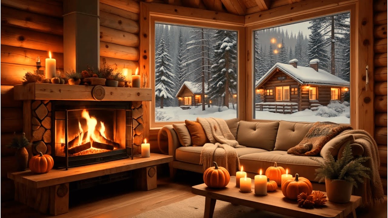 3 Hours Warm Piano Winter Ambience | Snow Outside Window + Fireplace for Meditation & Work