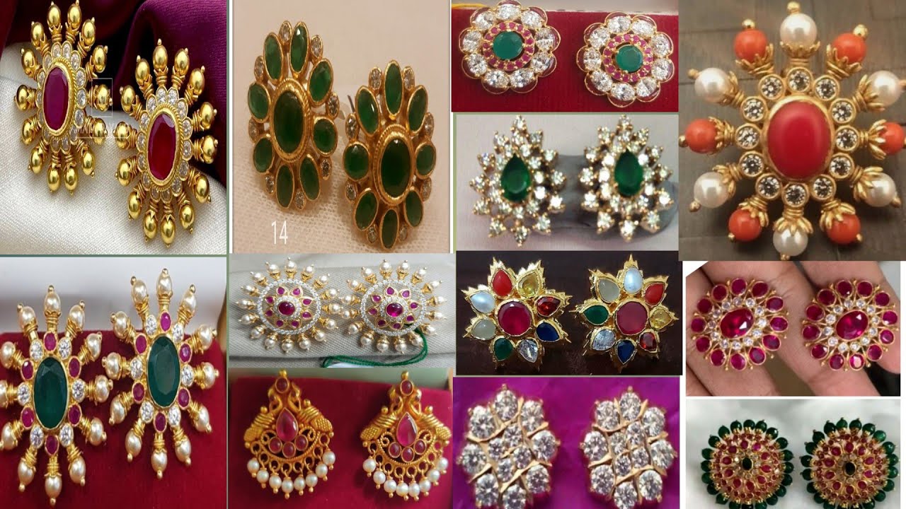 Top50+gold stud earrings designs with weight/gold tops/stud type stone earrings|| exclusive earrings