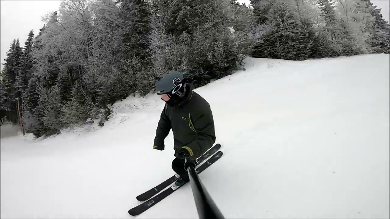 Cruising firm groomers on Line Blend skis.