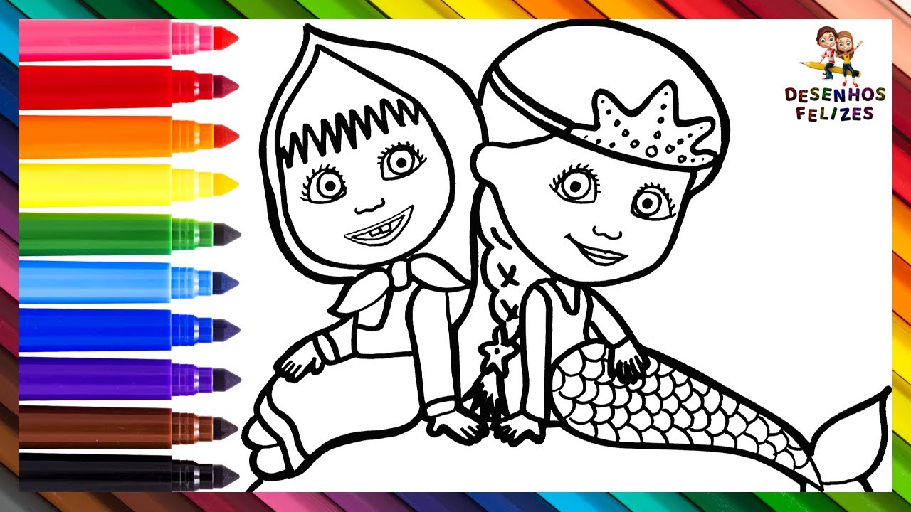 Desenhar e Colorir a Masha com uma Sereia 👧🏼🐻🧜‍♀️🌊 Desenhos para Crianças