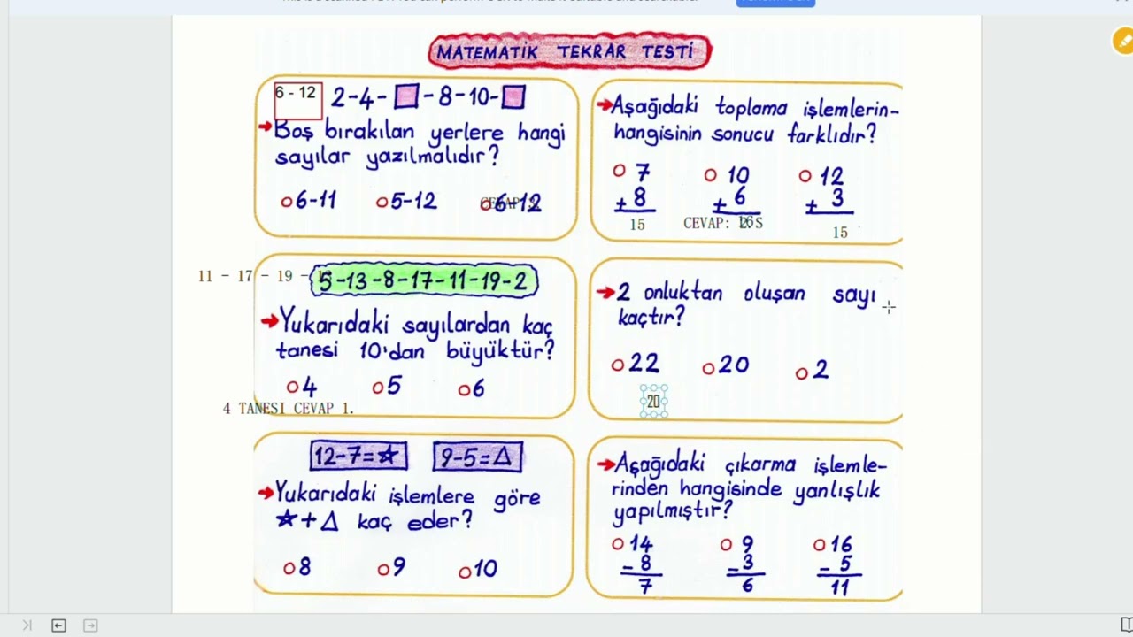 İlkokul 1  Sınıf Matematik Testi