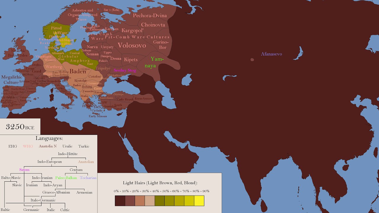The Spread of Light Hairs Throughout the World from 10000 BC to 2025 AD.