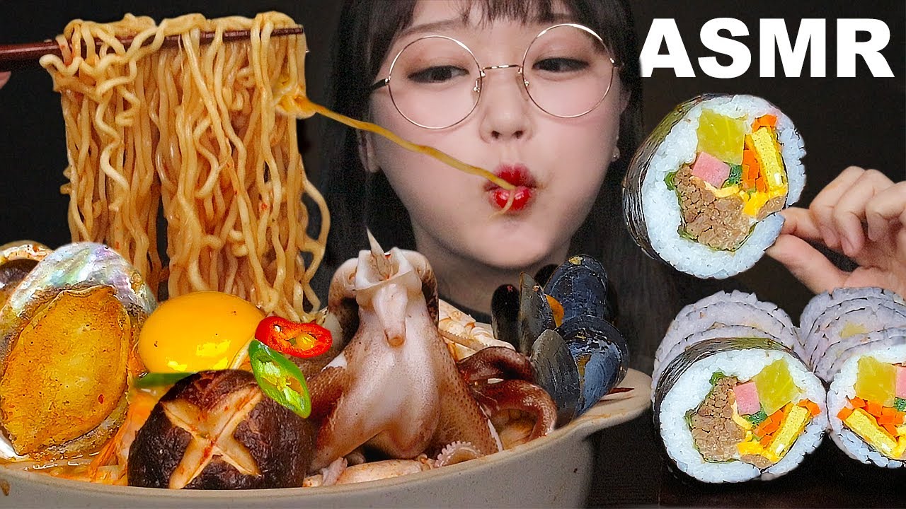 ASMR Еда Морепродукты Рамен и Кимбап | SEAFOOD RAMEN & KIMBAP MUKBANG | Ae Jeong ASMR