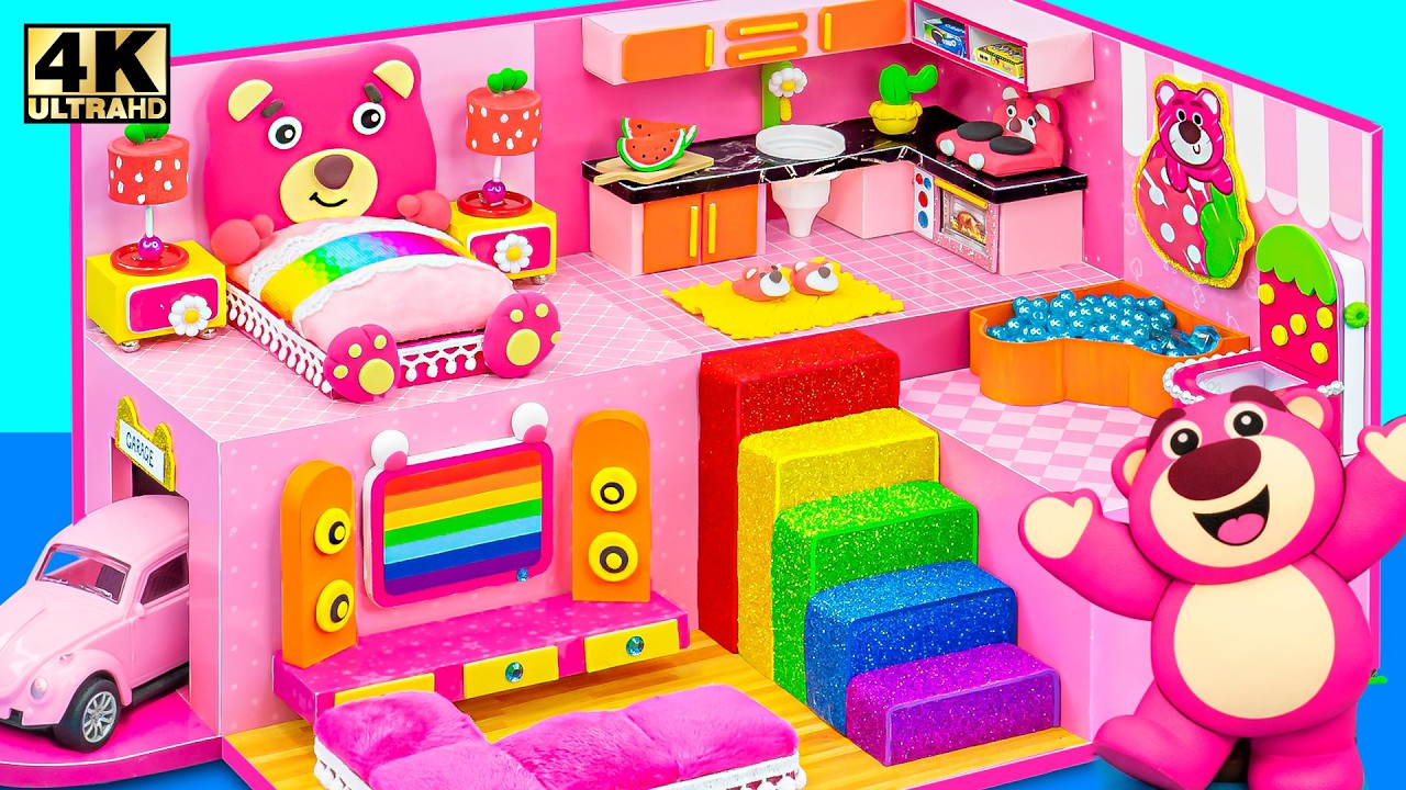 How To Make Pink 2 Floor Bear House with Lotso Bed from Polymer Clay - DIY Miniature House