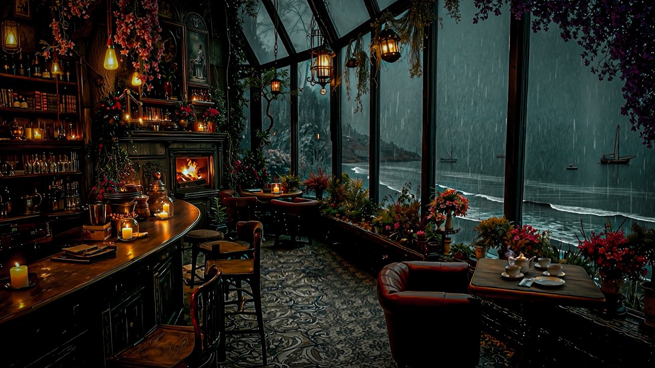 Relaxing in a Cozy Rainy Cafe with an Ocean View | Dark Academia Ambience for Studying and Writing