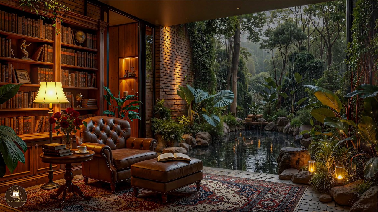 Soft Jazz in a Classic Wooden Library for Rainy Evenings – Relaxing Jazz with Rain Sounds for Calm
