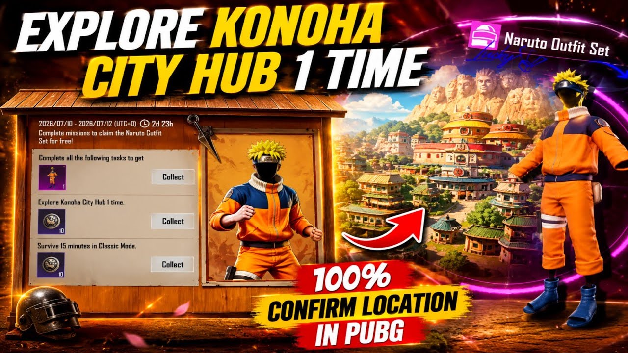 😍EXPLORE KONOHA CITY HUB 1 TIME IN PUBG MOBILE | 100% CONFIRMED LOCATION | CLAIM FREE SET EVENT