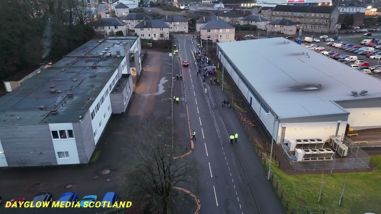 Anti illegal migration protest at Hotel Cladhan Falkirk 17.26 drone footage 