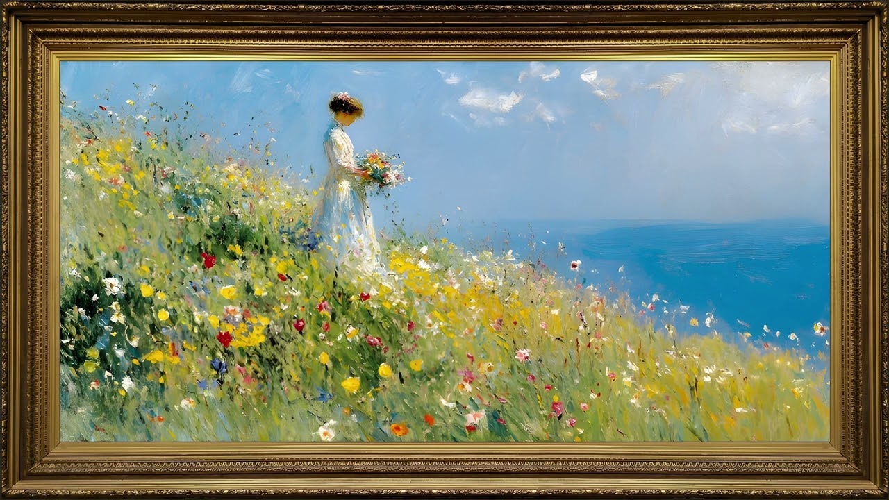 Springtime Meadow By the Sea, Vintage Impressionist Oil Painting | Gold Framed Art TV Screensaver