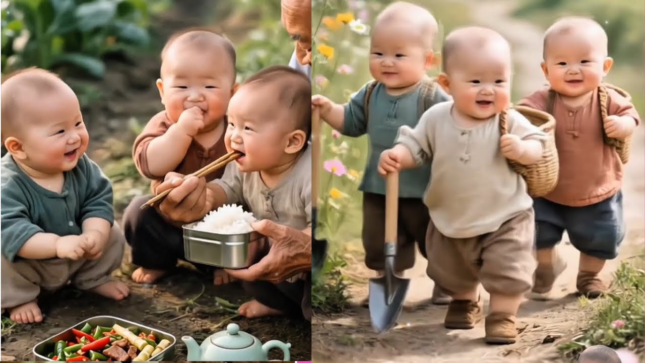 The baby went to pick bamboo shoots to cook for his grandfather while he was working in the field.