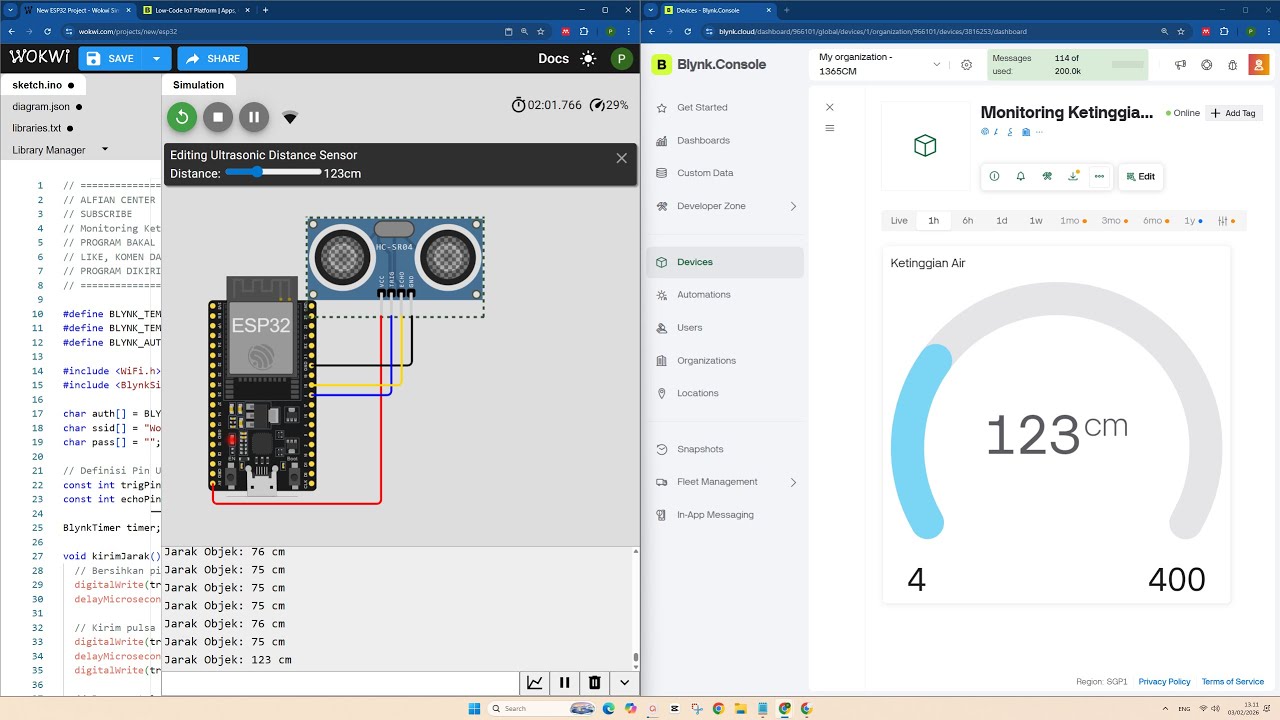 FULL Tutorial Monitoring Ketinggian Air dengan Sensor Ultrasonik Melalui Smartphone Blynk IOT WOKWI