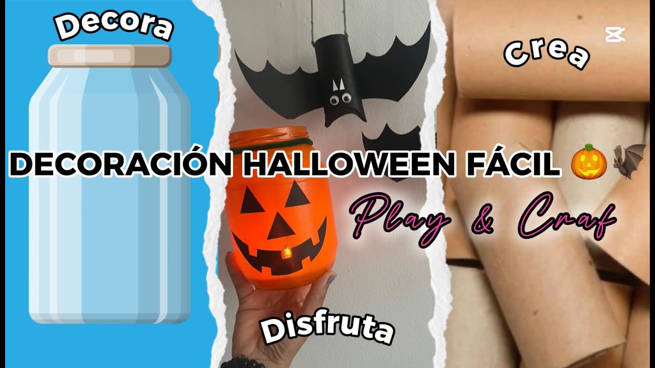 Cómo hacer decoración de Halloween fácil | Calabaza con frasco y murciélagos con tubos de cartón