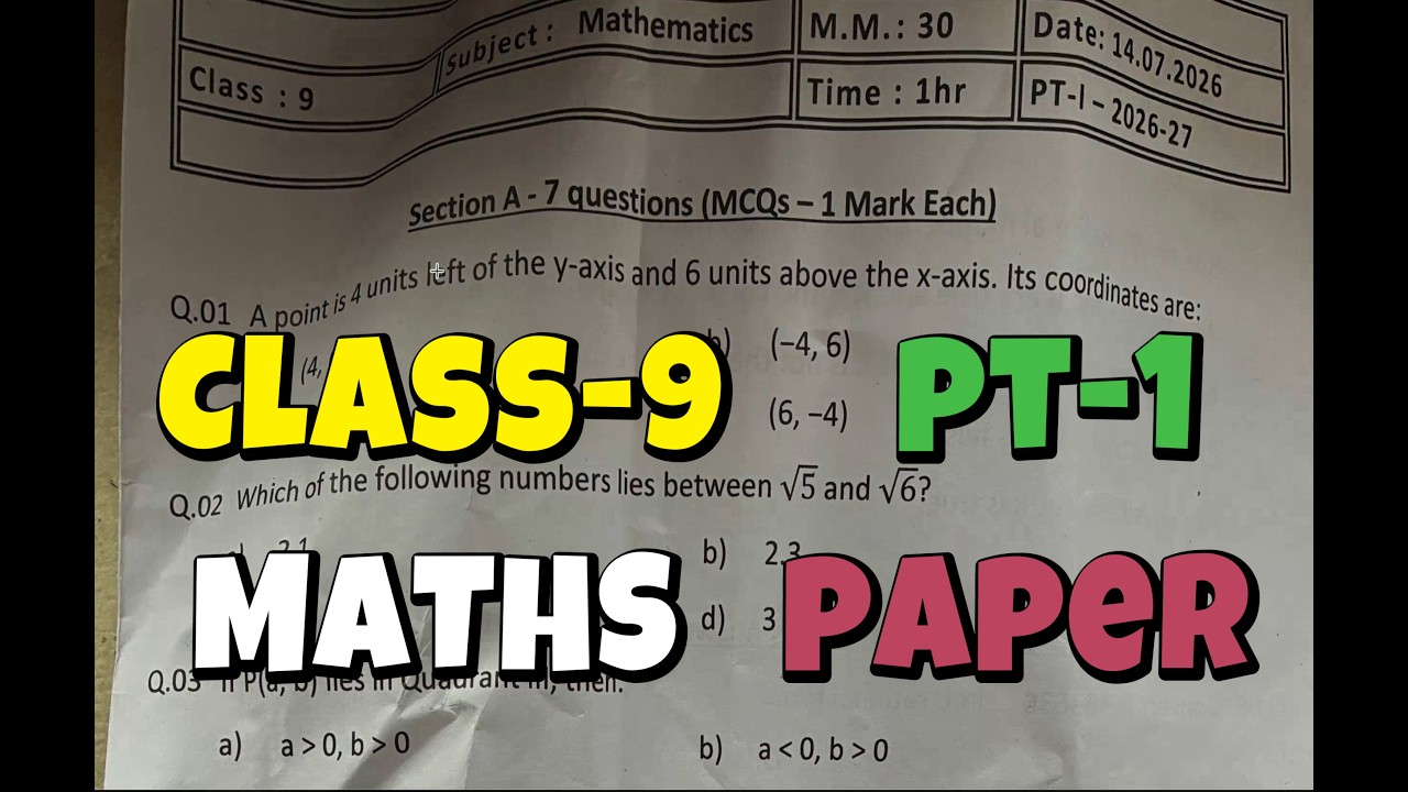 Class 9 Maths / PT-1 Exam Question Paper || CBSE Sample Paper 2026 || KVS PT-1 Exam