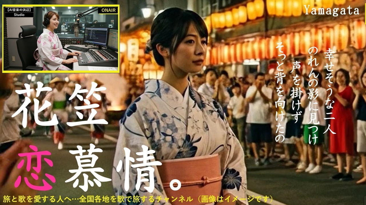 山形「花笠恋慕情」好きだった人を訪ねて山形に来た女性がいます。どうにもならない場面を目撃し、傷心のまま花笠まつりの中に入ります。【AI、演歌、昭和歌謡、旅、ご当地ソング、鉄道の旅、旅と歌の朗読】